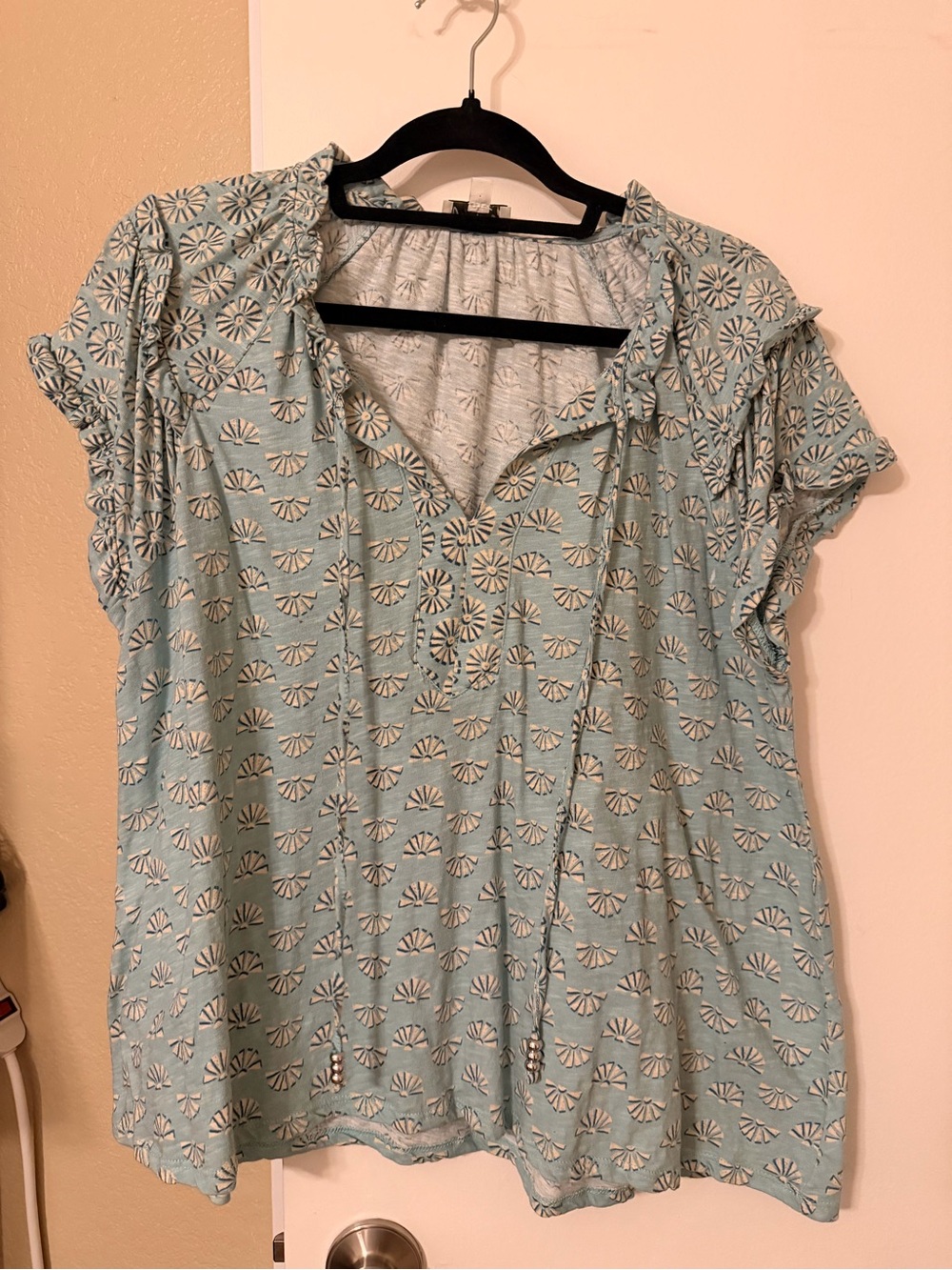 Wonderly Light Blue Fan-Print Short Sleeve Peasant Top